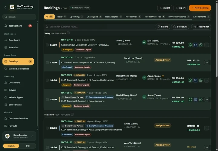 Booking board with date filters, statuses, driver assignments and sample transfers.