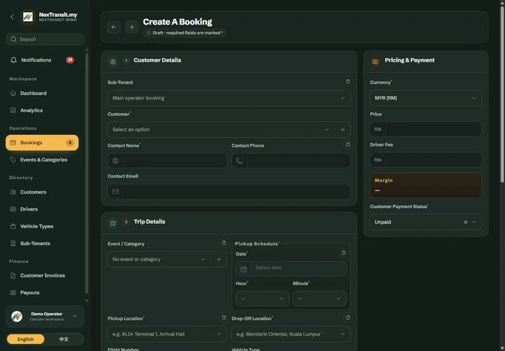 New booking form with customer, pricing and trip fields.