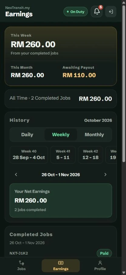 Mobile driver Earnings page showing weekly and monthly sample totals.