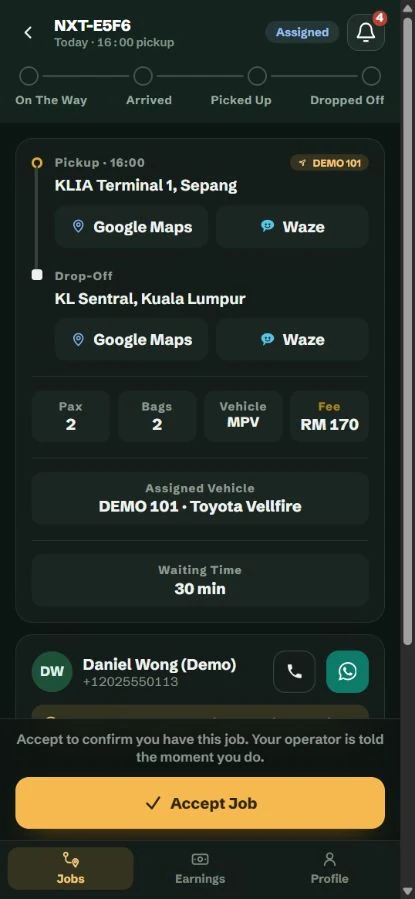 Mobile driver booking details with an Accept Job button.
