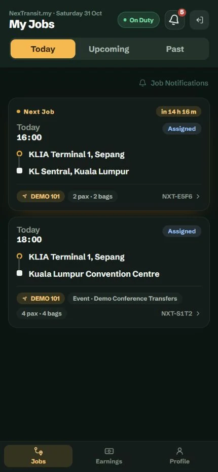 Mobile driver Jobs page showing two sample assignments.