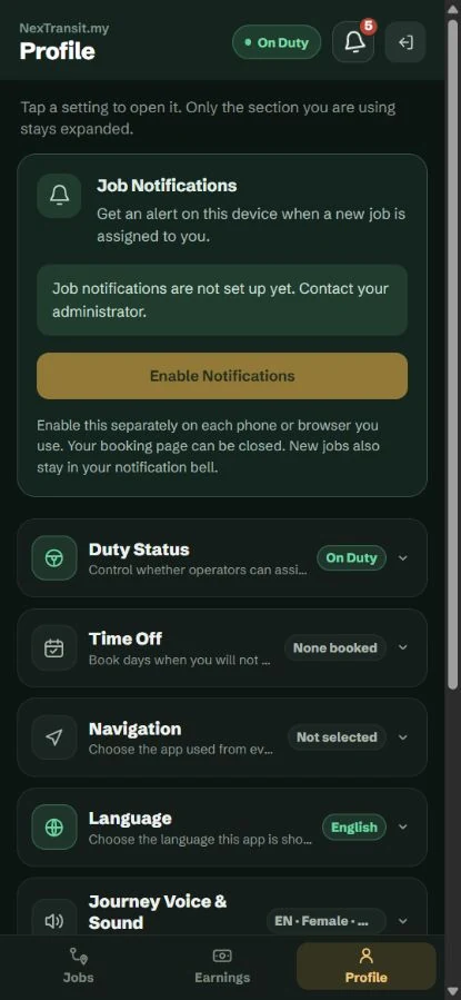 Mobile driver Profile page with Duty Status and Time Off controls.