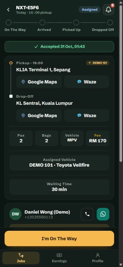 Accepted driver job with the I’m on the Way progress button.
