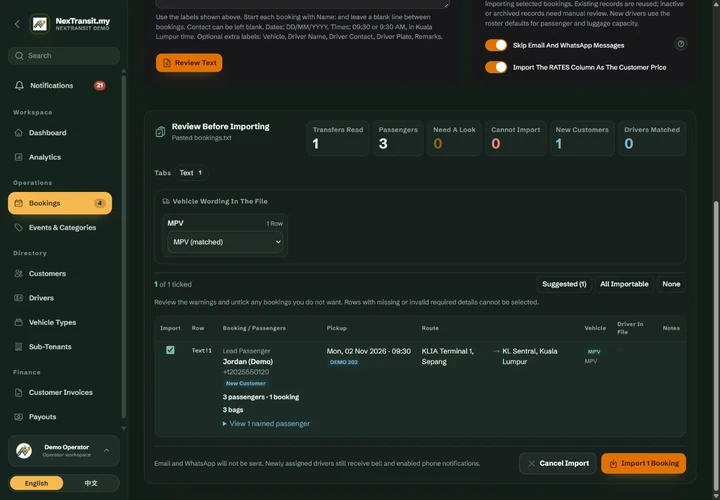 Text import preview with a sample transfer row and review controls.
