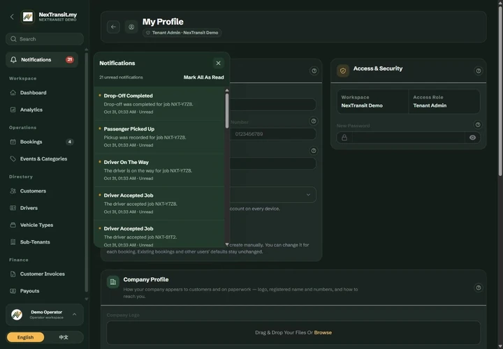 Notification inbox showing sample booking updates in the admin workspace.