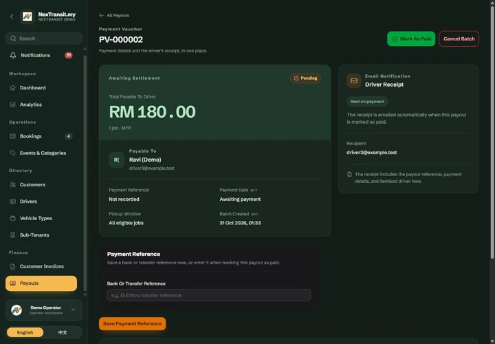 Pending driver payout detail with booking lines and the Mark as Paid action.