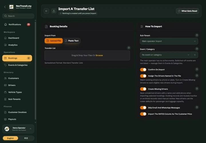 Import Transfers screen with source selection and import options.